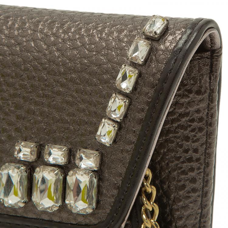 Pre Owned Versace Jeans Metallic Gray Pebbled Leather Embellish Crystal Wallet on Chain Bag
