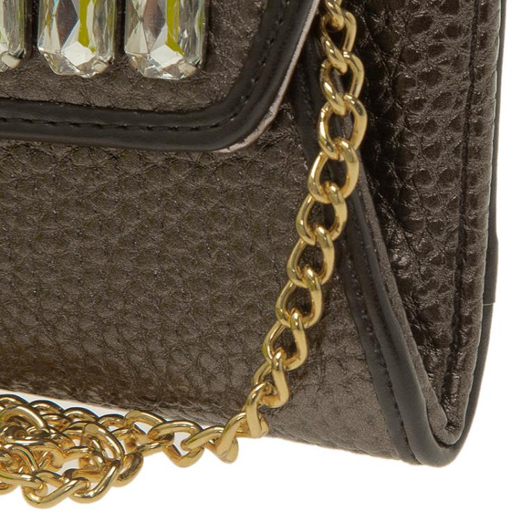 Pre Owned Versace Jeans Metallic Gray Pebbled Leather Embellish Crystal Wallet on Chain Bag