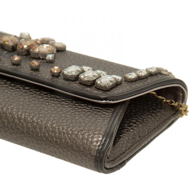 Pre Owned Versace Jeans Metallic Gray Pebbled Leather Embellish Crystal Wallet on Chain Bag