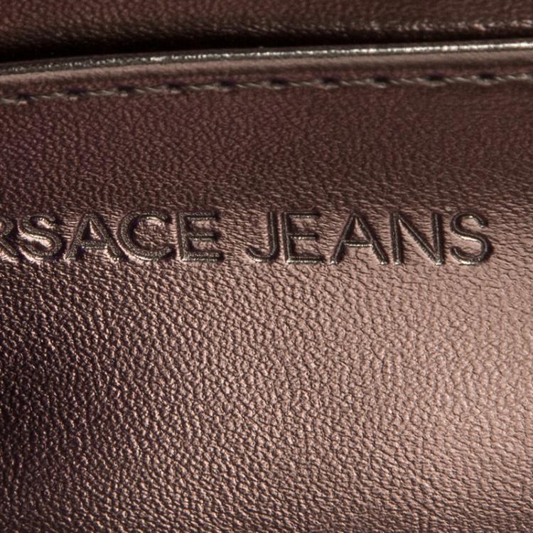 Pre Owned Versace Jeans Metallic Gray Pebbled Leather Embellish Crystal Wallet on Chain Bag