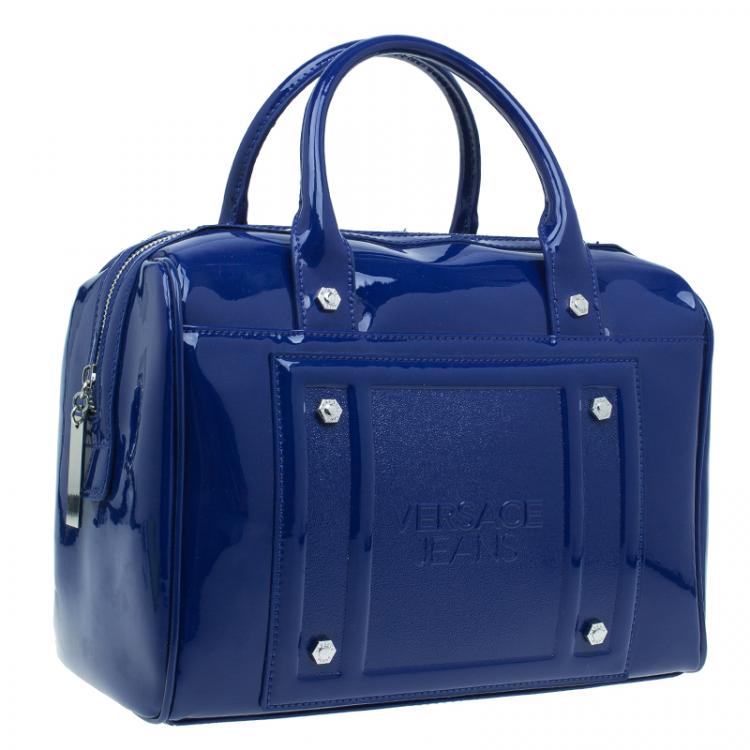 Pre Owned Versace Jeans Blue Patent Leather Large Bowling Bag