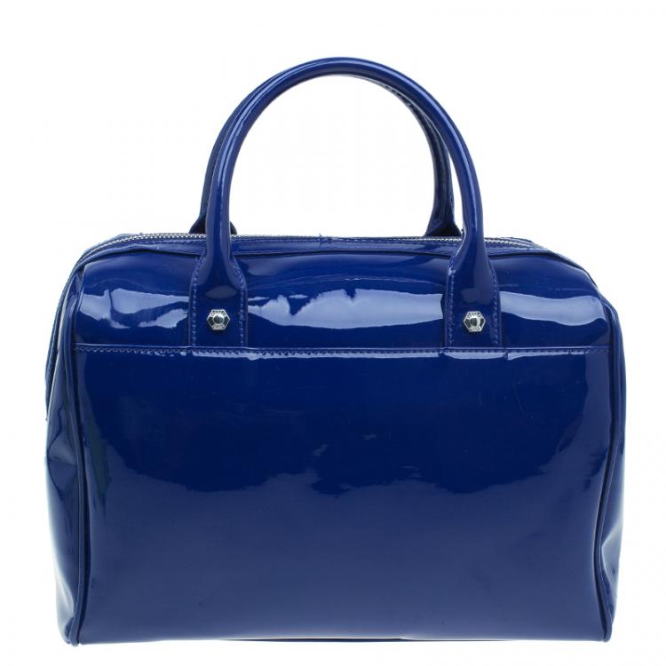 Pre Owned Versace Jeans Blue Patent Leather Large Bowling Bag