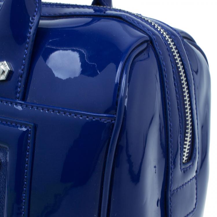 Pre Owned Versace Jeans Blue Patent Leather Large Bowling Bag