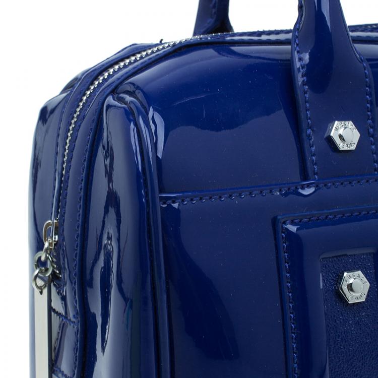 Pre Owned Versace Jeans Blue Patent Leather Large Bowling Bag