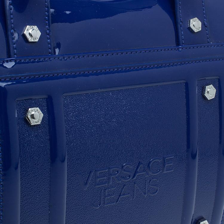 Pre Owned Versace Jeans Blue Patent Leather Large Bowling Bag