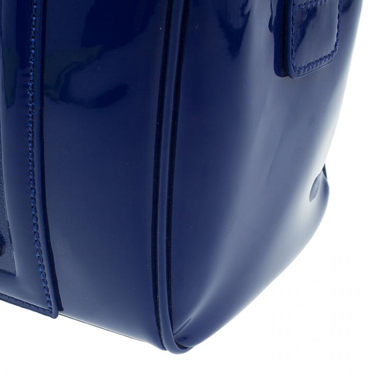 Pre Owned Versace Jeans Blue Patent Leather Large Bowling Bag