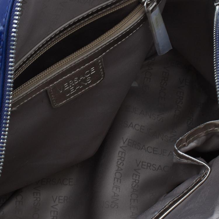 Pre Owned Versace Jeans Blue Patent Leather Large Bowling Bag