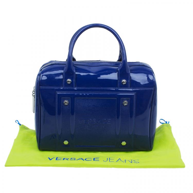 Pre Owned Versace Jeans Blue Patent Leather Large Bowling Bag