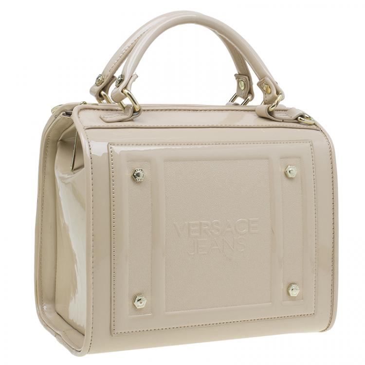 Pre Owned Versace Jeans Beige Patent Leather Medium Box Top Handle Bag