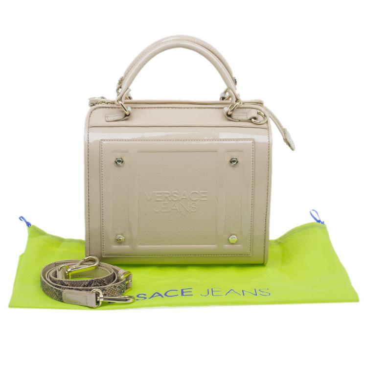 Pre Owned Versace Jeans Beige Patent Leather Medium Box Top Handle Bag
