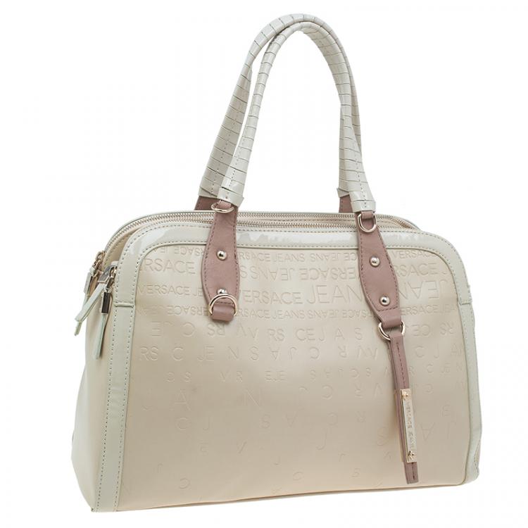 Pre Owned Versace Jeans Beige Embossed Leather Logo Tote