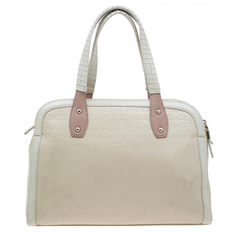 Pre Owned Versace Jeans Beige Embossed Leather Logo Tote