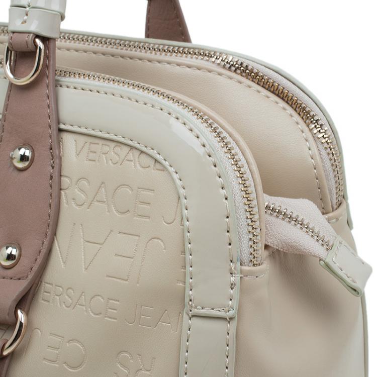 Pre Owned Versace Jeans Beige Embossed Leather Logo Tote