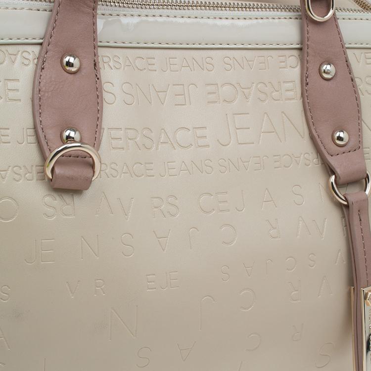 Pre Owned Versace Jeans Beige Embossed Leather Logo Tote