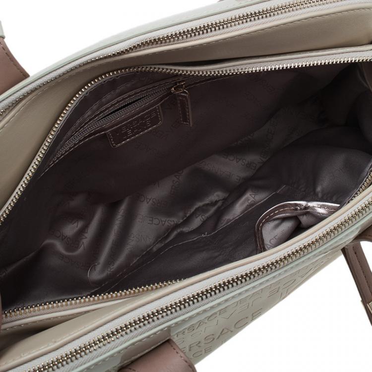 Pre Owned Versace Jeans Beige Embossed Leather Logo Tote