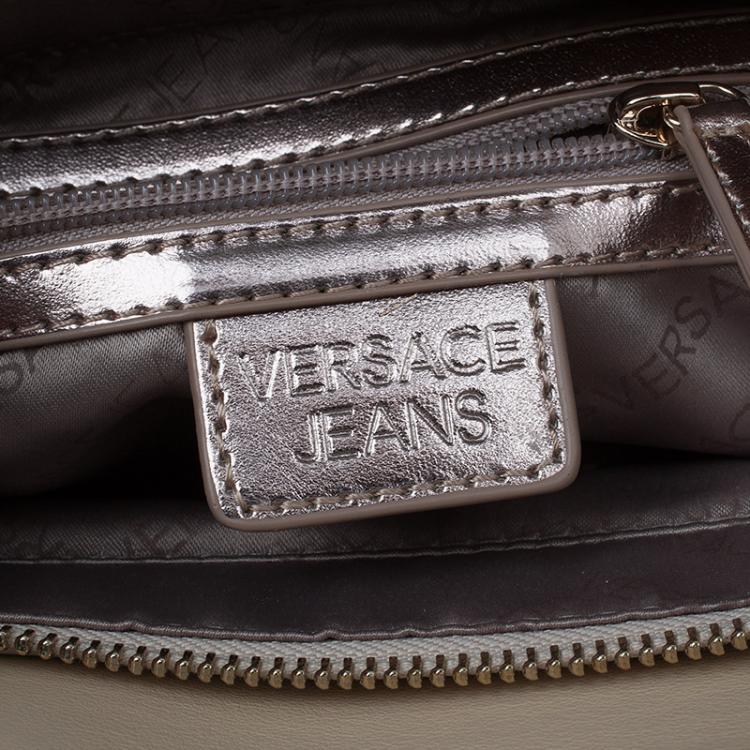 Pre Owned Versace Jeans Beige Embossed Leather Logo Tote