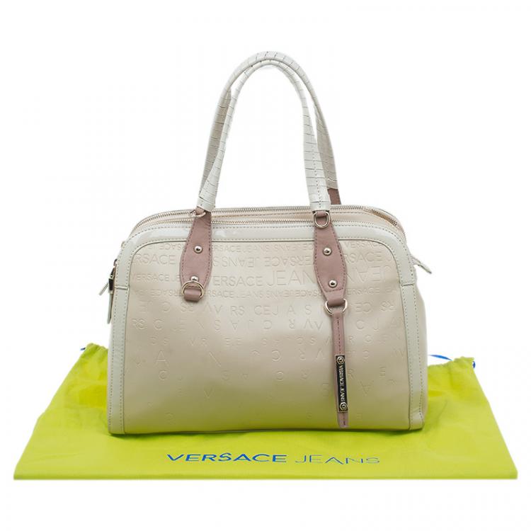 Pre Owned Versace Jeans Beige Embossed Leather Logo Tote