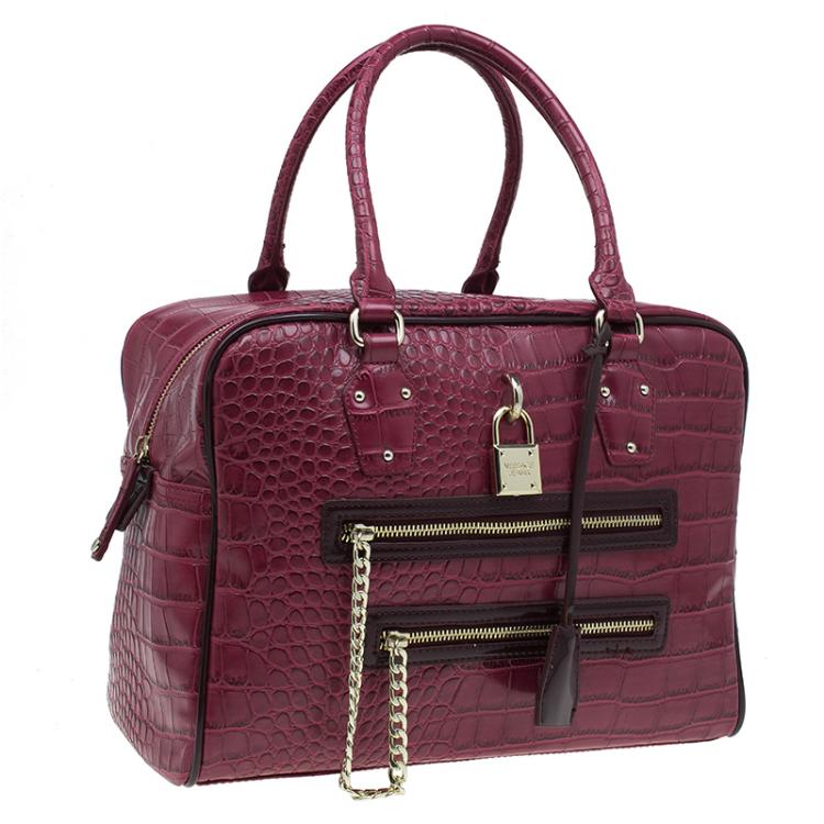 Pre Owned Versace Jeans Burgundy Croc Embossed Leather Bowling Bag