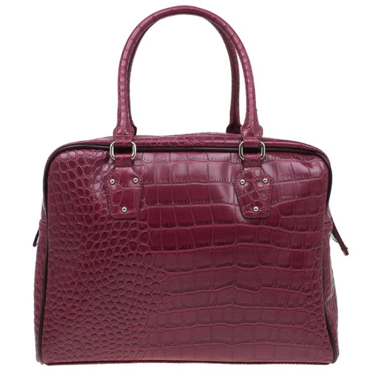 Pre Owned Versace Jeans Burgundy Croc Embossed Leather Bowling Bag