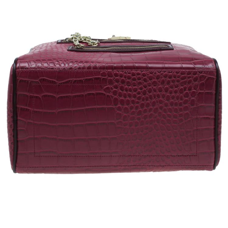 Pre Owned Versace Jeans Burgundy Croc Embossed Leather Bowling Bag