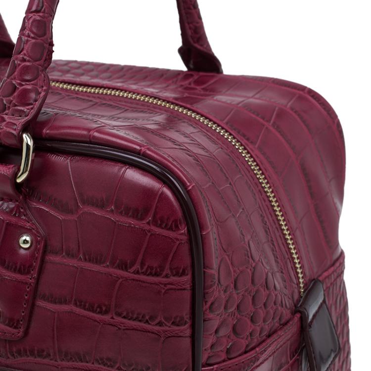 Pre Owned Versace Jeans Burgundy Croc Embossed Leather Bowling Bag