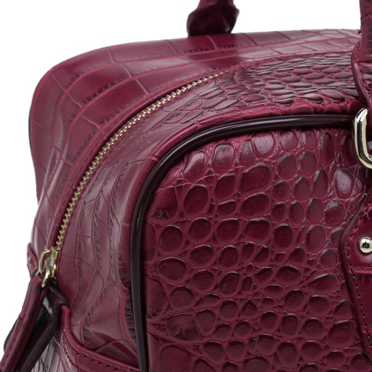 Pre Owned Versace Jeans Burgundy Croc Embossed Leather Bowling Bag