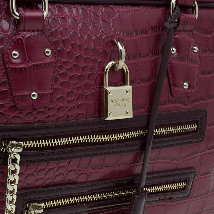 Pre Owned Versace Jeans Burgundy Croc Embossed Leather Bowling Bag