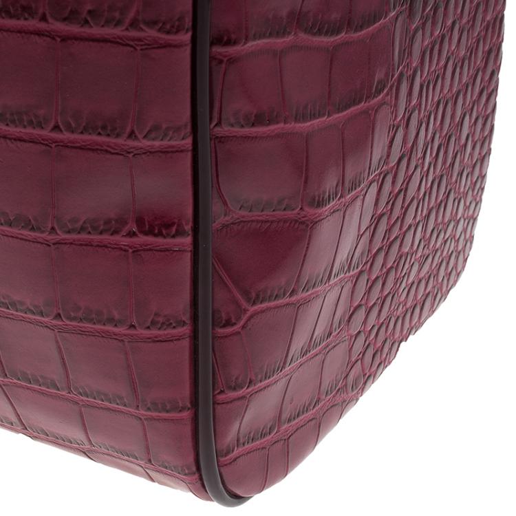 Pre Owned Versace Jeans Burgundy Croc Embossed Leather Bowling Bag