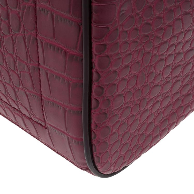Pre Owned Versace Jeans Burgundy Croc Embossed Leather Bowling Bag