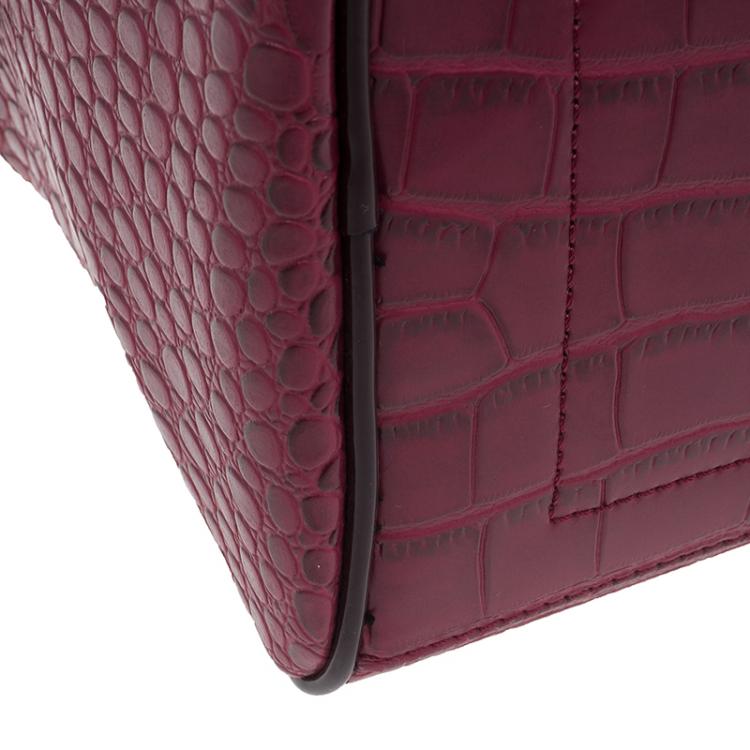Pre Owned Versace Jeans Burgundy Croc Embossed Leather Bowling Bag