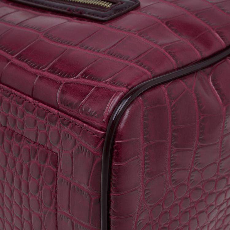Pre Owned Versace Jeans Burgundy Croc Embossed Leather Bowling Bag