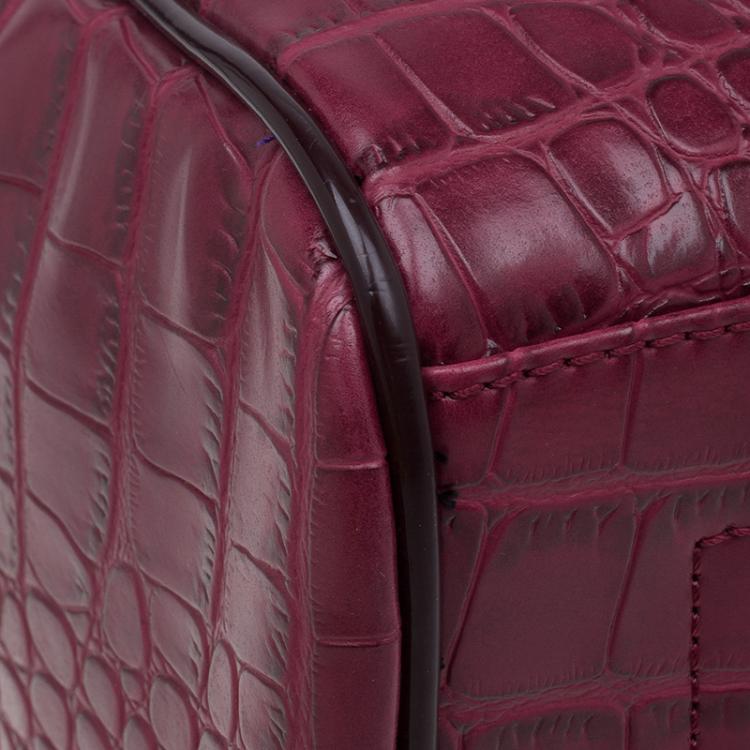 Pre Owned Versace Jeans Burgundy Croc Embossed Leather Bowling Bag