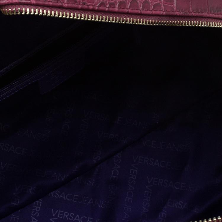 Pre Owned Versace Jeans Burgundy Croc Embossed Leather Bowling Bag