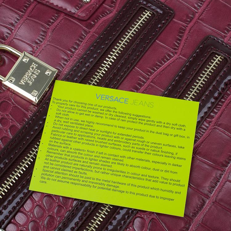 Pre Owned Versace Jeans Burgundy Croc Embossed Leather Bowling Bag