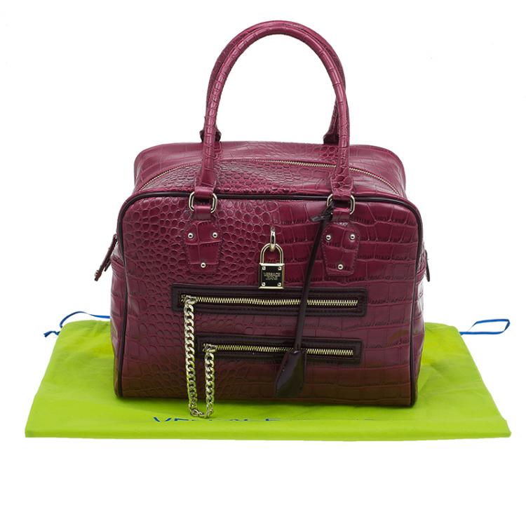 Pre Owned Versace Jeans Burgundy Croc Embossed Leather Bowling Bag