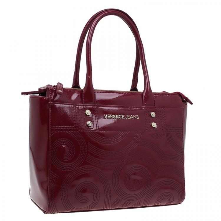 Pre Owned Versace Jeans Burgundy Textured Patent Leather Swirl Stitched Tote