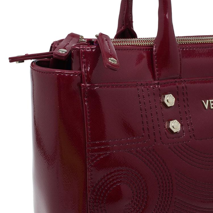 Pre Owned Versace Jeans Burgundy Textured Patent Leather Swirl Stitched Tote