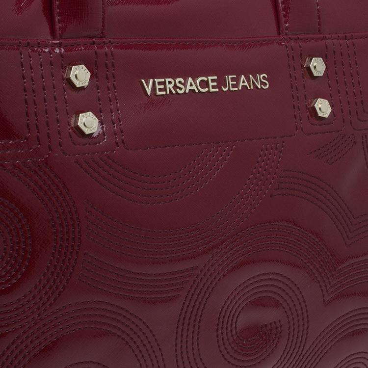 Pre Owned Versace Jeans Burgundy Textured Patent Leather Swirl Stitched Tote