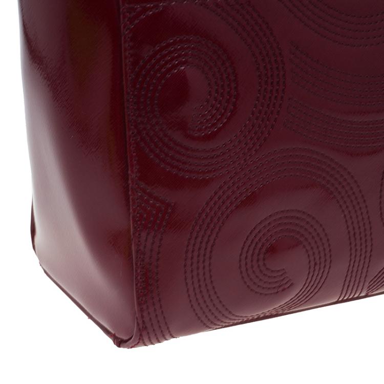 Pre Owned Versace Jeans Burgundy Textured Patent Leather Swirl Stitched Tote