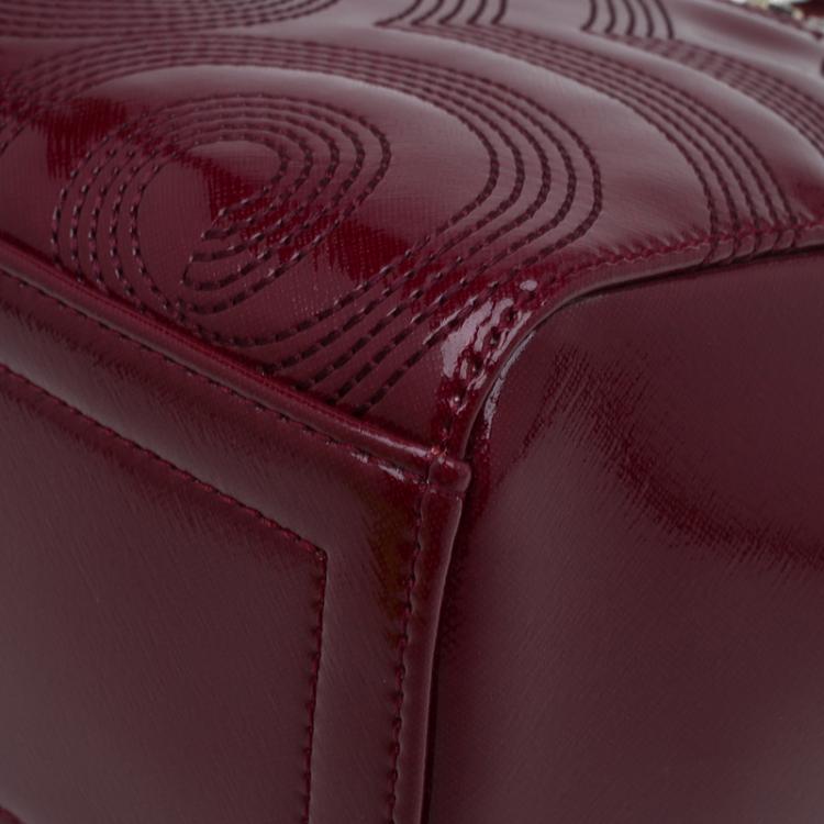 Pre Owned Versace Jeans Burgundy Textured Patent Leather Swirl Stitched Tote