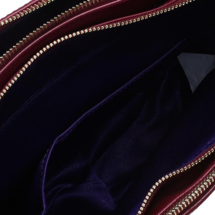 Pre Owned Versace Jeans Burgundy Textured Patent Leather Swirl Stitched Tote