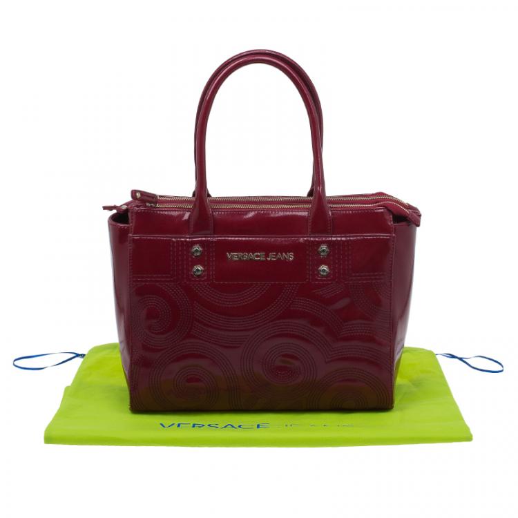 Pre Owned Versace Jeans Burgundy Textured Patent Leather Swirl Stitched Tote