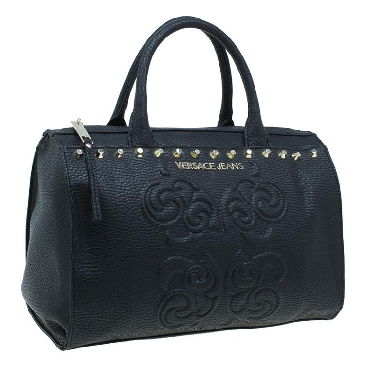 مملوكة مسبقًا Versace Jeans Black Pebbled Leather Crystal Studs Bowling Bag