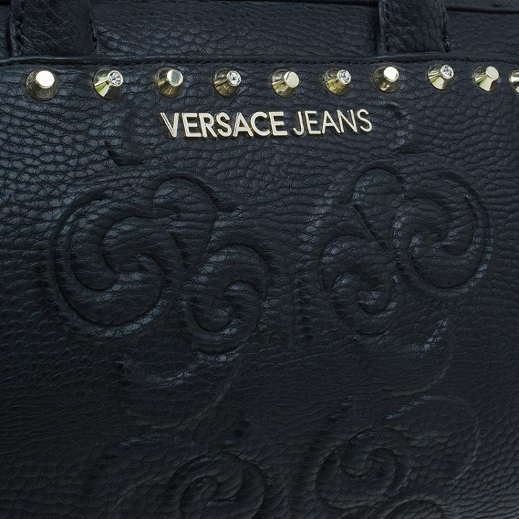 مملوكة مسبقًا Versace Jeans Black Pebbled Leather Crystal Studs Bowling Bag