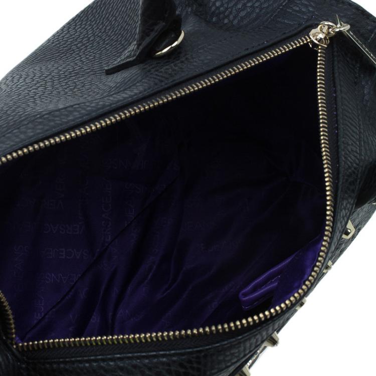 مملوكة مسبقًا Versace Jeans Black Pebbled Leather Crystal Studs Bowling Bag