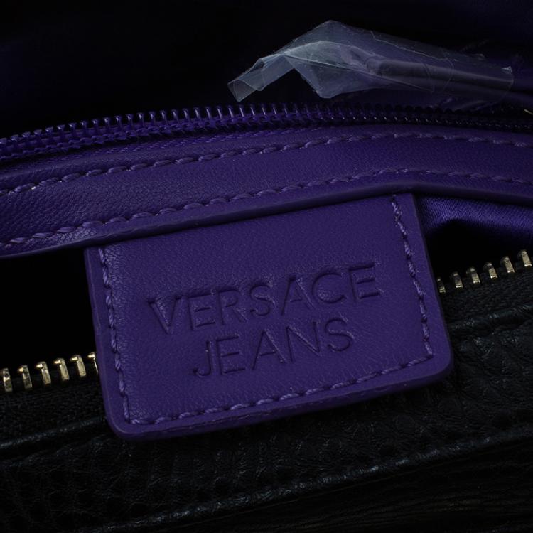 مملوكة مسبقًا Versace Jeans Black Pebbled Leather Crystal Studs Bowling Bag