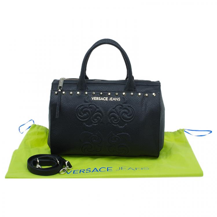 مملوكة مسبقًا Versace Jeans Black Pebbled Leather Crystal Studs Bowling Bag