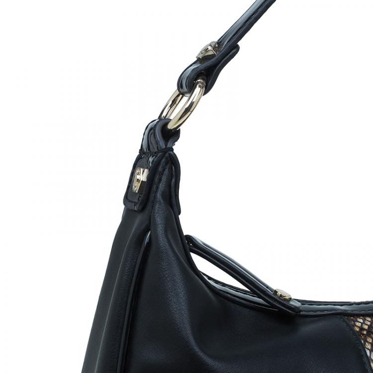 Pre Owned Versace Jeans Black Leather and Python Large Zip Studs Hobo