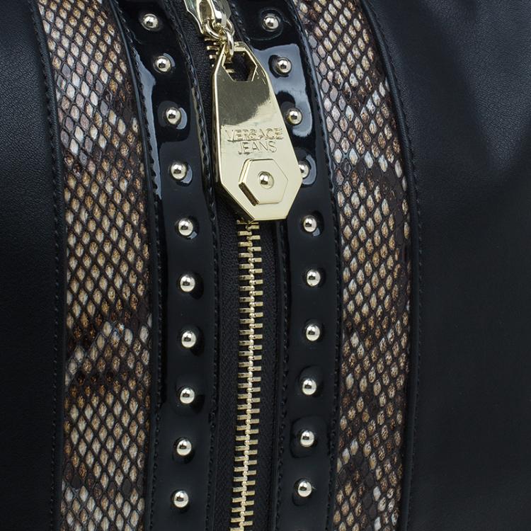 Pre Owned Versace Jeans Black Leather and Python Large Zip Studs Hobo