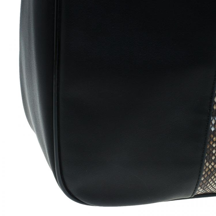 Pre Owned Versace Jeans Black Leather and Python Large Zip Studs Hobo
